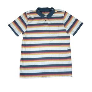 Roark Mens XL Striped Short Sleeve Cotton Polo Shirt White Blue Red Yellow